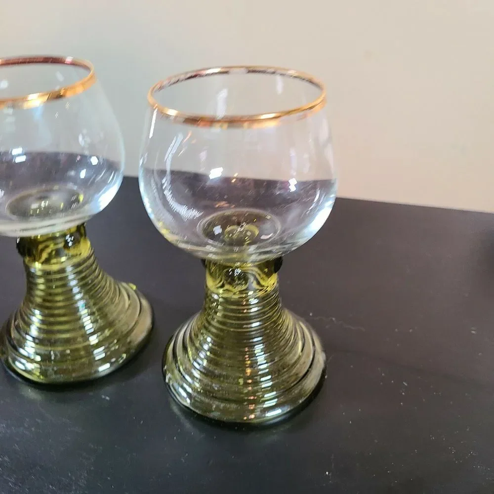 Bohemian Style Glass Goblets Handblown Beehive Base Green Gold Trim